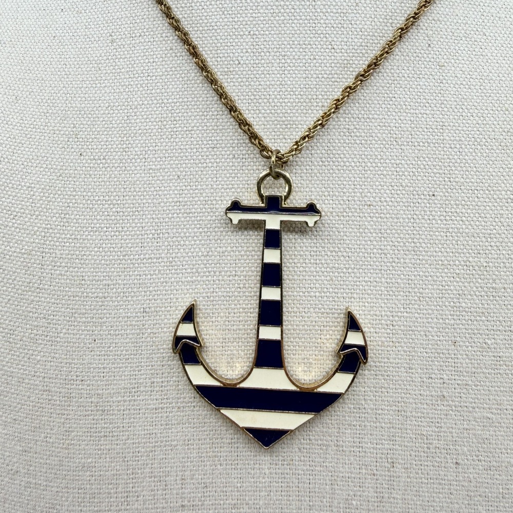 Nautical Navy Striped Anchor Pendant Necklace Gold Tone Chain Gift